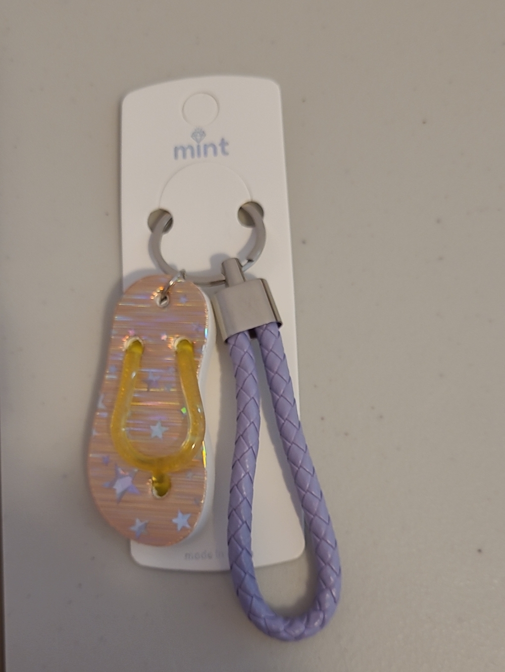 Mint Lavender Braided Loop Keychain with Holographic Flip Flop Charm